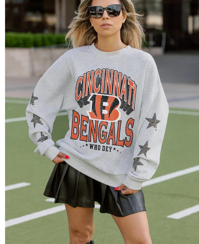 CINCINNATI BENGALS STAR EMBELLISHED CREW SWEATSHIRT